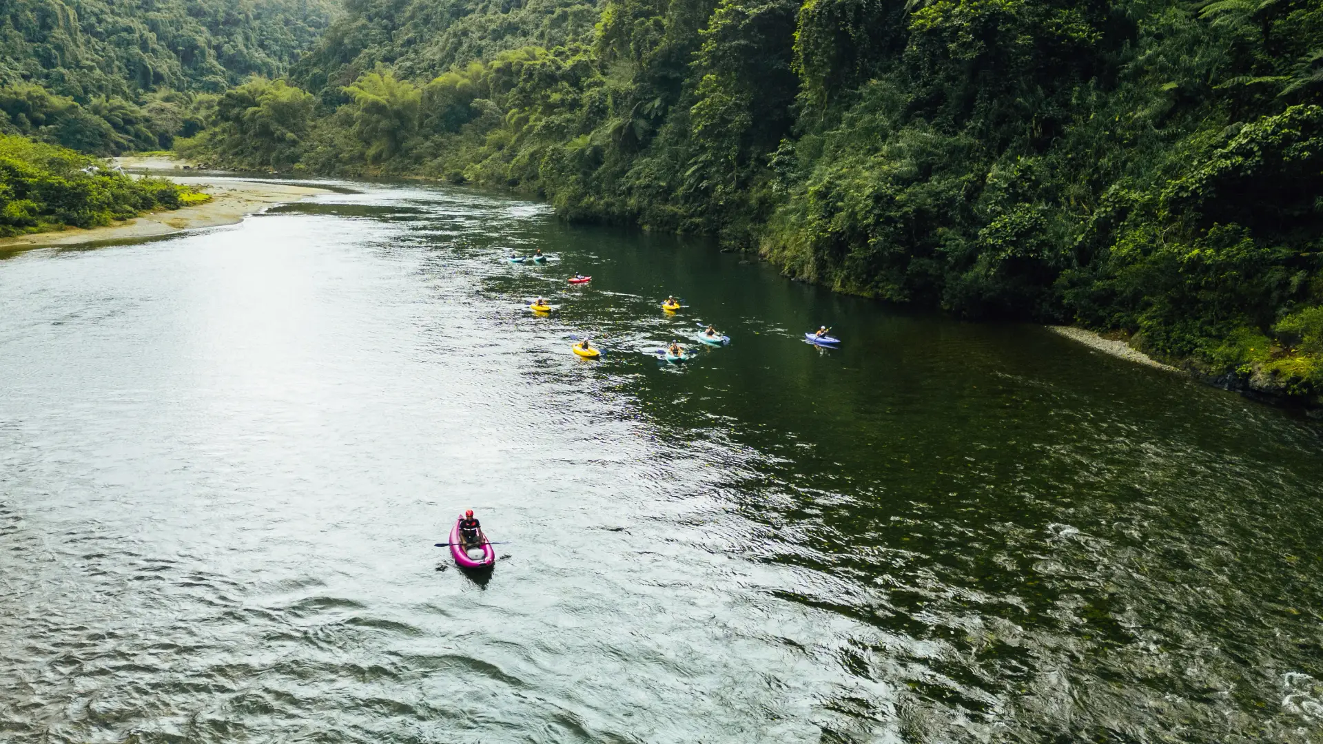 River kayaking drone shot